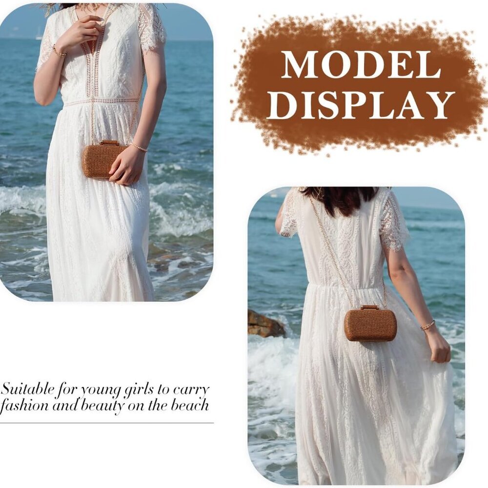 Small Straw Purse Clutch for Women,Woven Handbag Raffia Bag for Summer,Wicker Ev - Picture 5 of 6
